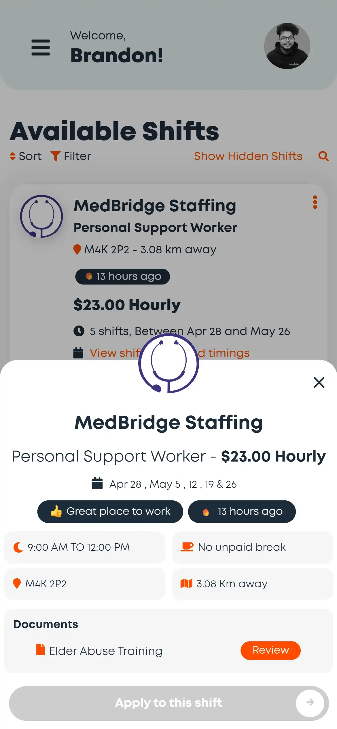Shift detail modal — full shift context with Apply to this shift action